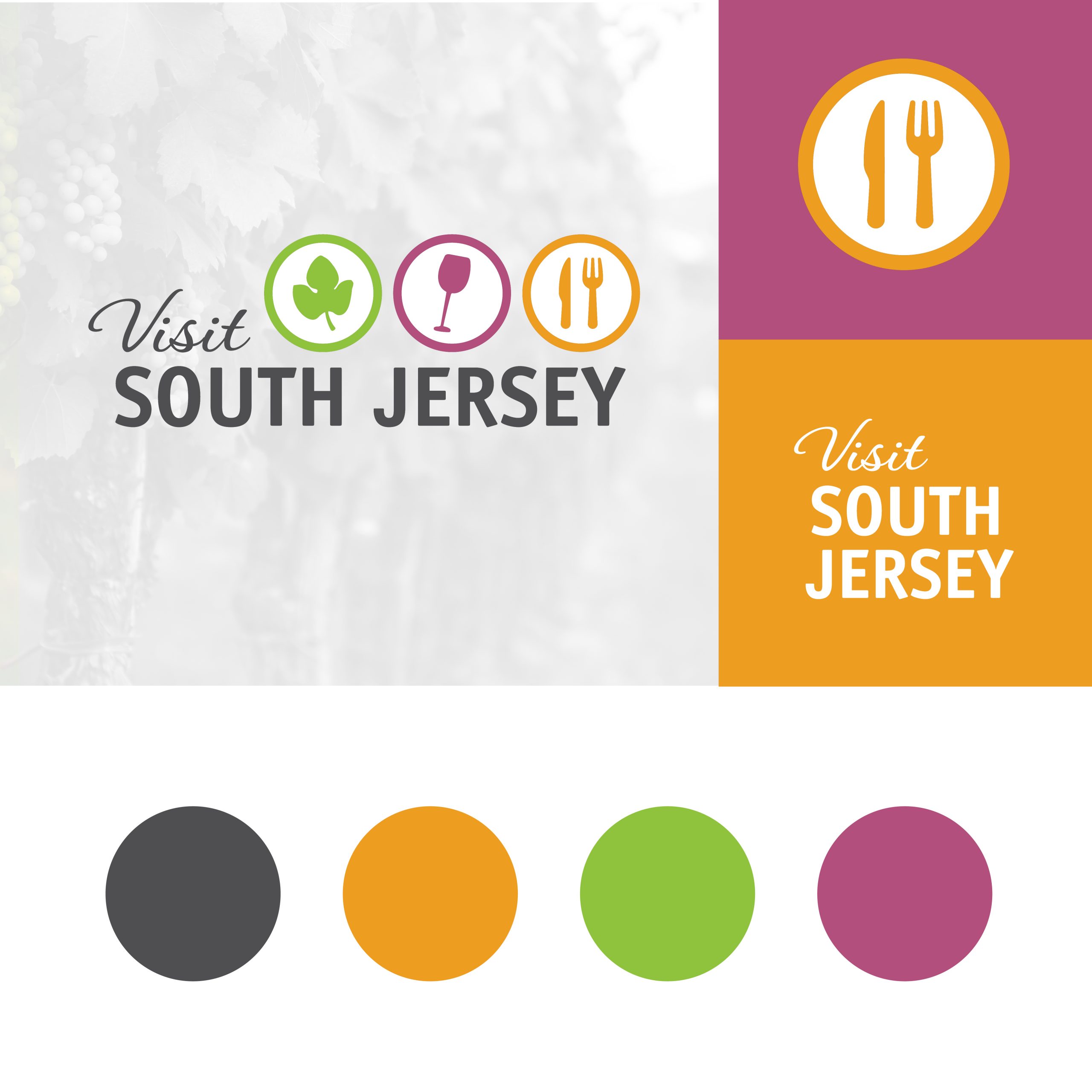 Visit South Jersey Brand Identity: Main logo, some iconography, and colors (dark gray, orange, green, and pink)