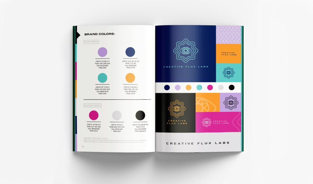 Brand Guidelines document booklet for Creative Flux Labs. Shows color breakdowns and logo lockup samples.